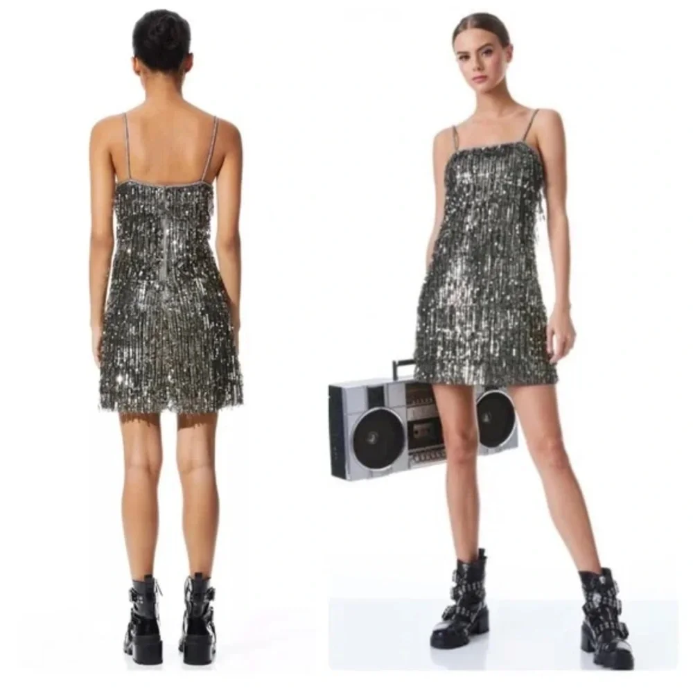 NWT Alice + Olivia Chicago Sequin Fringe Mini Dress Gunmetal Silver Flapper NYE - Picture 10 of 17